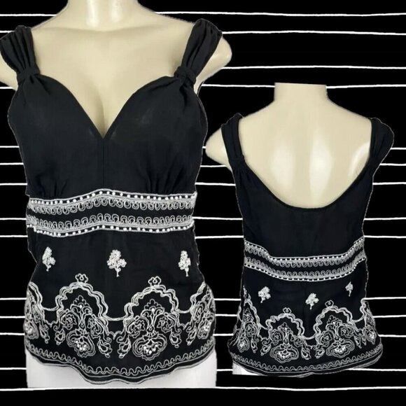 White House Black Market Tops - White House Black Market S Black Silk Embroidered Pearl Beads Lined Strappy Top